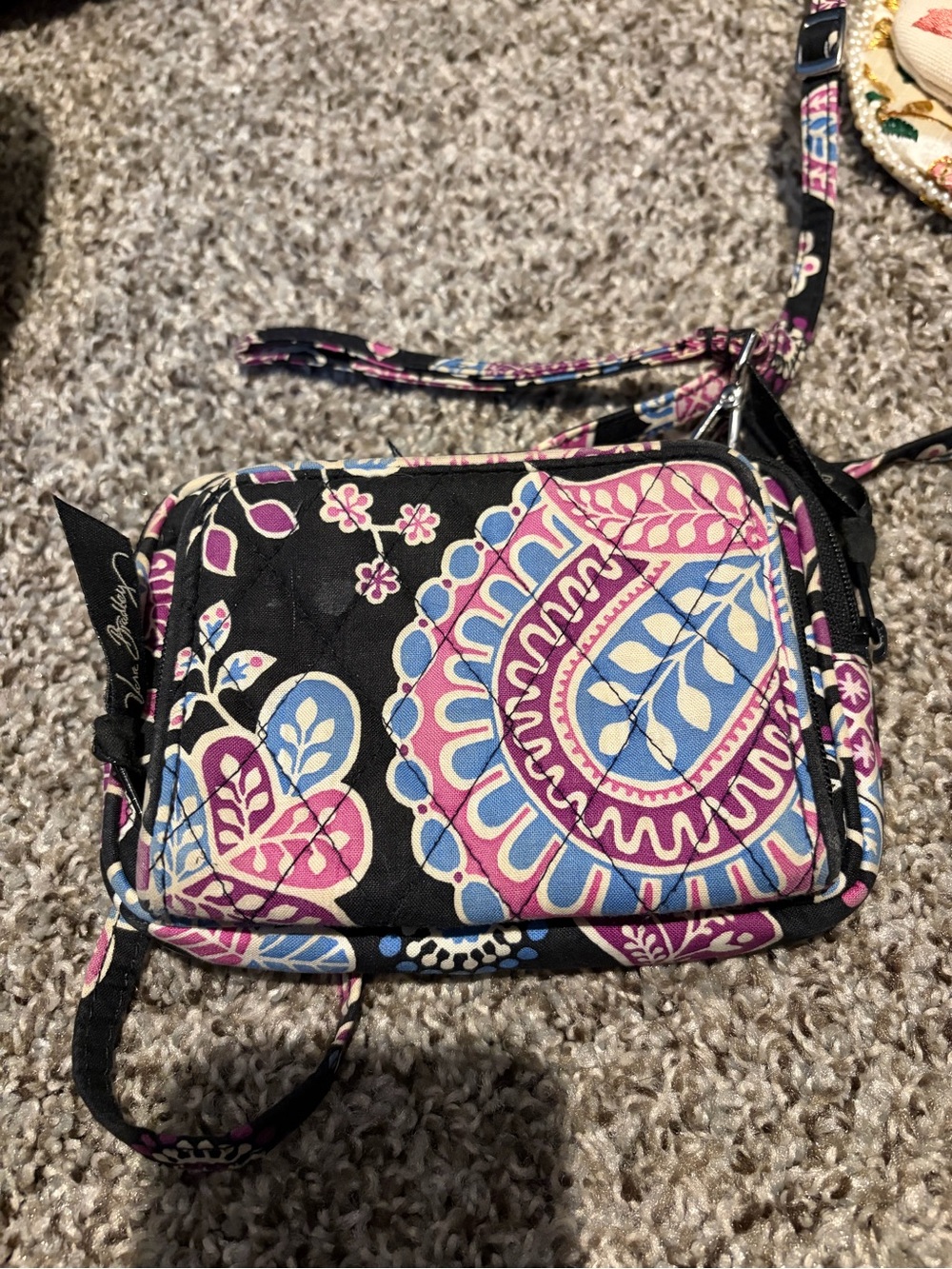 Vera Bradley Black Quilted Wristlet with Pink and Blue Paisley